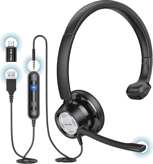 New bee USB Headset with Microphone for PC Computer Headset, Single Ear Noise Cancelling Mic, Call Center Wired Headphone with 3.5 mm/USB/Type C for Skype Zoom Tablet Laptop