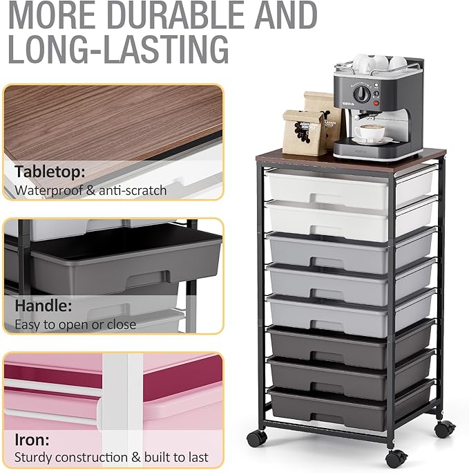 Rolling Storage Cart with 8 Drawers, Utility Cart on Wheels with Wooden Tabletop, Utility Cart for Teacher Storage, Office Organizer, Classroom Storage Cart, Craft Storage, Grey