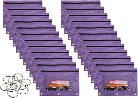 24 Packs 3 Ring Binder Pen Pencil Case Pouch Bulk Set Stationery Bag for School Class Office Purple