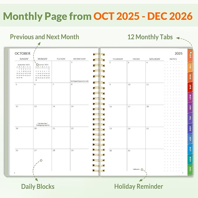 SUNEE 2026 Weekly and Monthly Planner - January 2026-December 2026, 6.4" x 8.3" Half Weekly Half Note, Daily Agenda Planner with PVC Waterproof Cover, Monthly Tab, Note, Pockets, Bookmark, Green