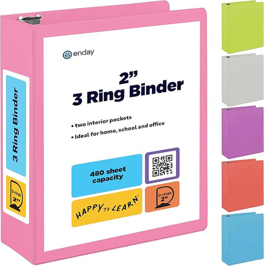 2 Inch 3 Ring Binder 2” Pink, Slant D-Ring 2 in Binder Clear View Cover with 2 Inside Pockets, Heavy Duty Colored School Supplies Office and Home Binders – by Enday