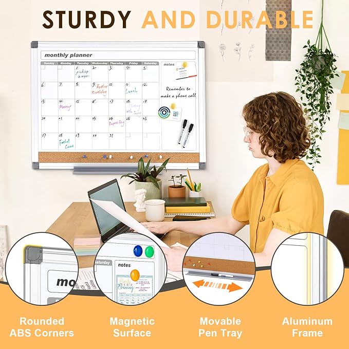 MAKELLO Dry Erase Calendar for Wall 24x18 in, Whiteboard Calendard with Cork Board for Office, Home, School, Family, Kitchen and Bedroom