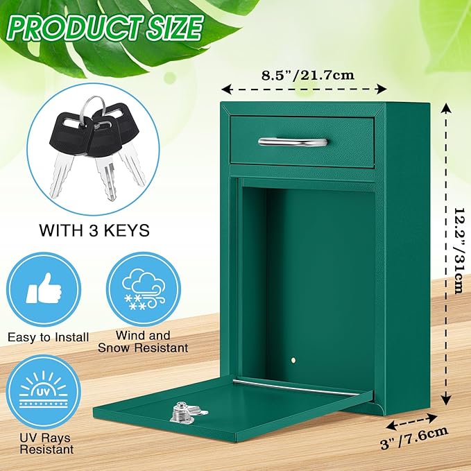 Locking Mailbox with Key for Outdoor 12.2 x 8.5 x 3 Inches Large Wall Mount Mail Box with Lock Security Mail Drop Metal Collection Boxes Hanging Secure Postbox(Green)