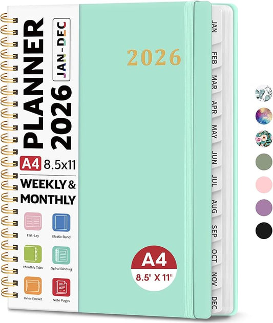 2026 Planner 8.5" x 11", Weekly and Monthly Calendar Planner Book, January 2026 - December 2026, Hardcover Spiral Planner with Monthly Tabs, Notes Pages, Perfect for Women & Men, A4 - Mint