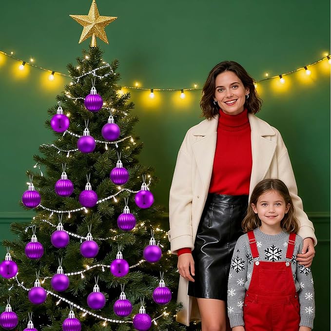 Set of 24 Small Purple Christmas Ornaments Balls for Christmas Tree, 1.2 inch Mini Purple Ornaments for Mini Tree, Plastic Shatterproof Hanging Bulbs Xmas Valentine Party Indoor Outdoor Decorations