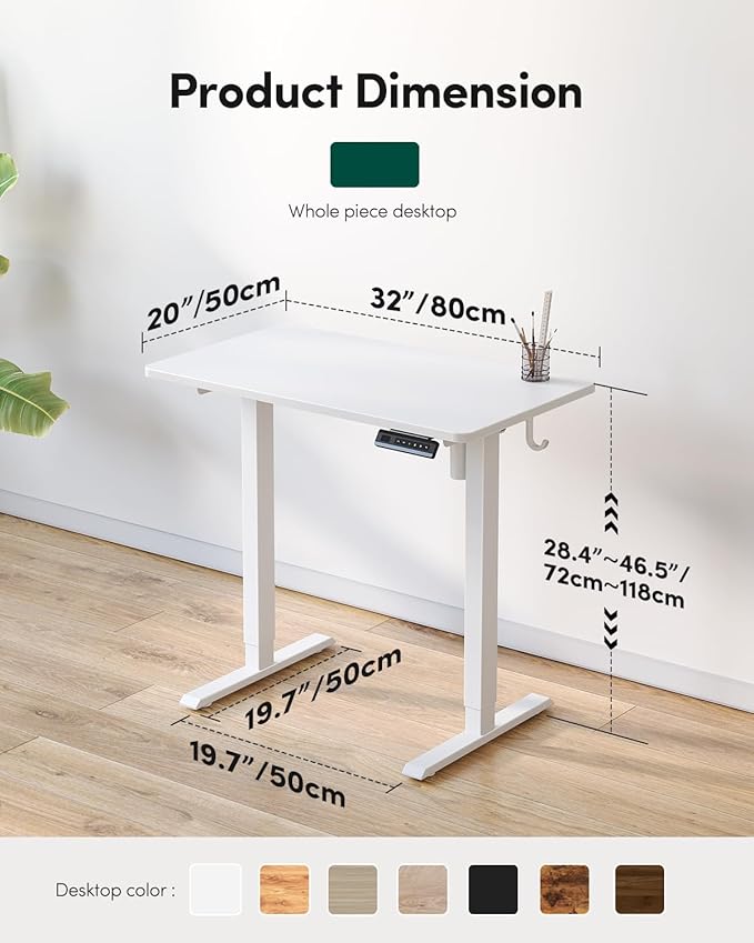 FEZIBO One-Piece Standing Desk Adjustable Height Stand up Home Office Desk, 32x24 Inch Electric Standing Computer Desk, with 4 Memory Presets, Fixable casters, White