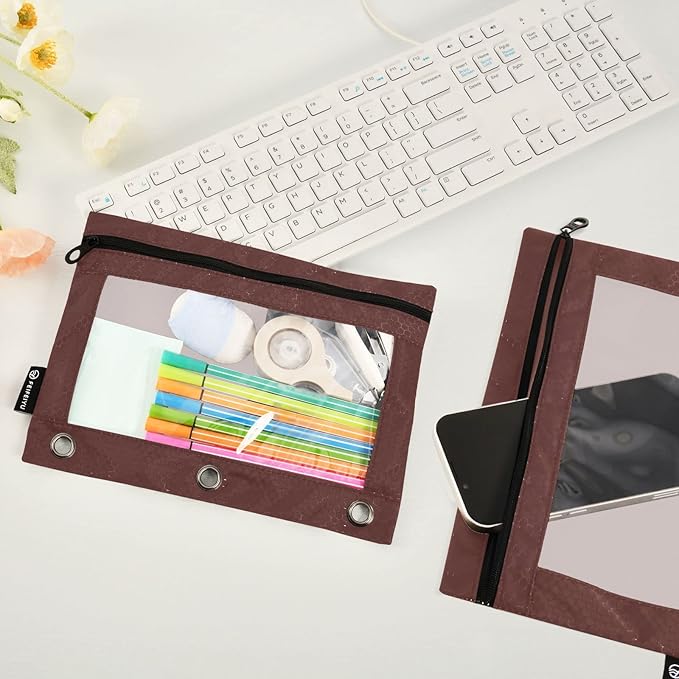 Gredecor Binder Pencil Pouch 3 Ring Burgundy Zipper Pencil Pouches Case 2 Pack Clear Binder Organizer for School Office