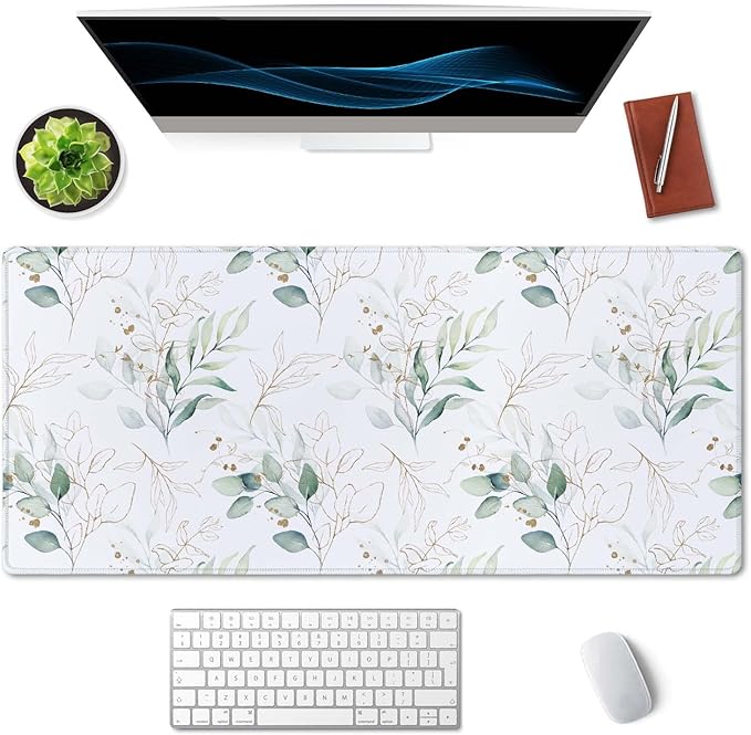 SSOIU Large Mouse Pad, Cute Floral Desk Mat for Desktop, Women Girls Waterproof Gaming Mousepad, Eucalyptus Leaves Computer PC Laptop Protector Writing Pads for School Office Home 35.5" x 15.7"