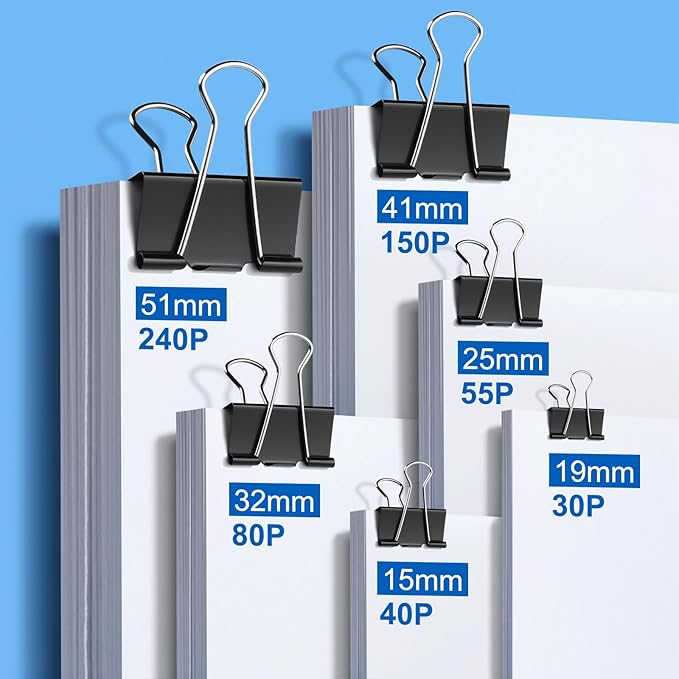 228 PCS Binder Clips Paper Clamps Assorted Sizes,Extra Large Medium Small Mini and Micro,Black Metal Paper Binder Clip 6 Sizes for Office, Home and School
