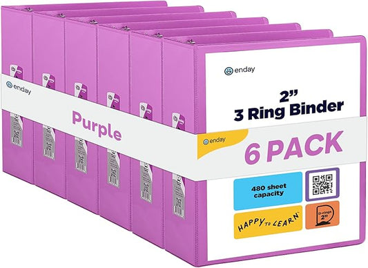 3 Slant D-Ring Binder 2 Inch Binder Purple, 2 in Clear View Cover w/ 2 Inside Pockets, Heavy Duty Colored School Supplies Binders Also Available in Blue, Pink, Red, Green, Grey (6 PC)–by Enday