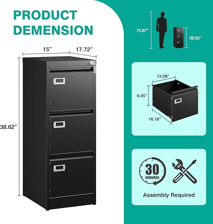 SISESOL 3 Drawer File Cabinet with Lock and Tag,Narrow Three Drawer Filing Cabinet,Vertical Metal File Cabinets,Small Black Filing Cabinets for Home Office Fit Letter/A4/Legal Size File,Easy Assembly