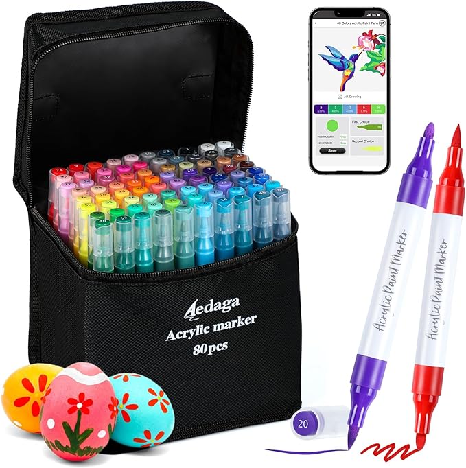 YHC 80 Colors Acrylic Paint Pens with Free App, Dual Tip Acrylic Paint Markers with Brush Tip and Fine Tip for Adults, Kids, Eggs, Wood, Rock, Canvas, Plastic, Stone, Glass, Ceramic