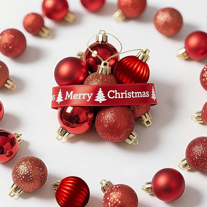 Set of 24 Small Red Christmas Ornaments Balls for Christmas Tree, 1.2 inch Mini Red Ornaments for Mini Tree, Tiny Plastic Shatterproof Hanging Bulbs Xmas Valentine Party Indoor Outdoor Decorations