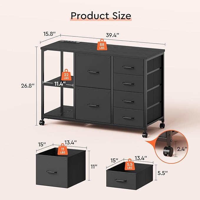 6 Drawer File Cabinet with Charging Station Rolling Printer Stand with Open Storage Shelf Fabric Lateral Filing Cabinet for Home Office,Black