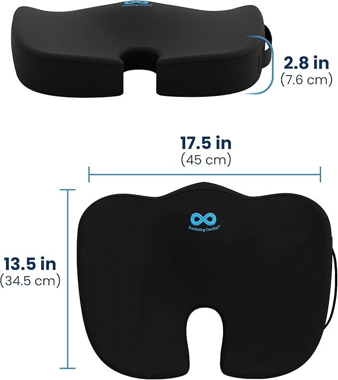 Everlasting Comfort Doctor Recommended Memory Foam Seat Cushion for Office Chairs & Car Seat - Ergonomic Office Desk Accessories for Tailbone Pain Relief, Sciatica & Back Support