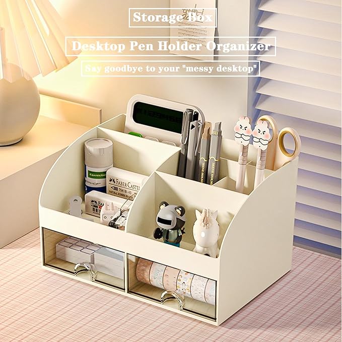 Desk Organizer with 6 Compartments and 2 Drawers, Plastic Makeup Organizer, Pen Holder for Desktop Storage, Desk Organization for School, Home, Office Supplies (Ivory)