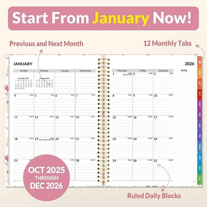 SUNEE 2026 Weekly and Monthly Planner - from January 2026 - December 2026, 8.5"x11" Daily Agenda Planner with Monthly Tab, Flexible Cover, Note Pages, Pockets, Bookmark, Spiral Binding, Wildflowers