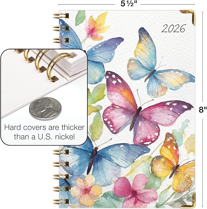 HARDCOVER 2026 Planner, 5.5"x8": 14 Months (November 2025 - December 2026), Daily Weekly Monthly Planner, Yearly Agenda, Bookmark, Pocket Folder and Sticky Note Set (Watercolor Butterflies)