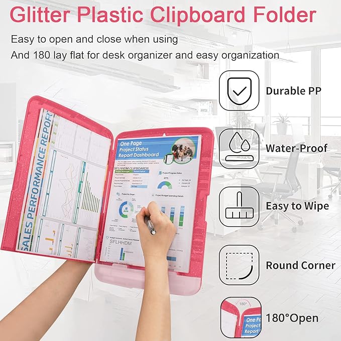 Glitter Clipboard with Storage,Storage Clipboard with Pen Holder,A4 Binder Clip Boards 8.5x11 with Low Profile Clip,Side Opening Sparkle Clipboards,Clipboards Folder for Office Supplies-Rose Red