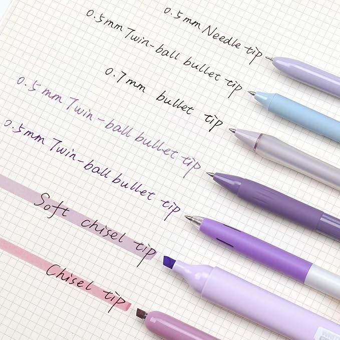 WRITECH Gel Pens Journaling Highlighters: Journal Set Aesthetic Assorted Pastel Color Ink 0.5mm Fine Point Retractable 0.7mm Black Pen Smooth Writing Drawing No Bleed 7ct (Purple)