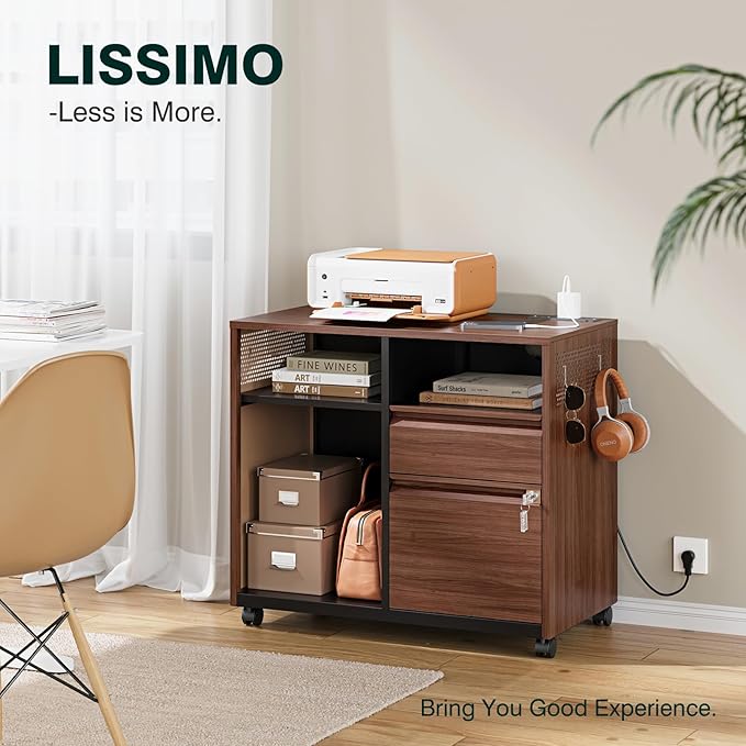 Mobile 2 Drawer File Cabinet,Metal File Cabinet with Lock，Lateral Printer Stand Filling Storage Cabinet for Home Office-A4/F4/Letter(Charging Socket)