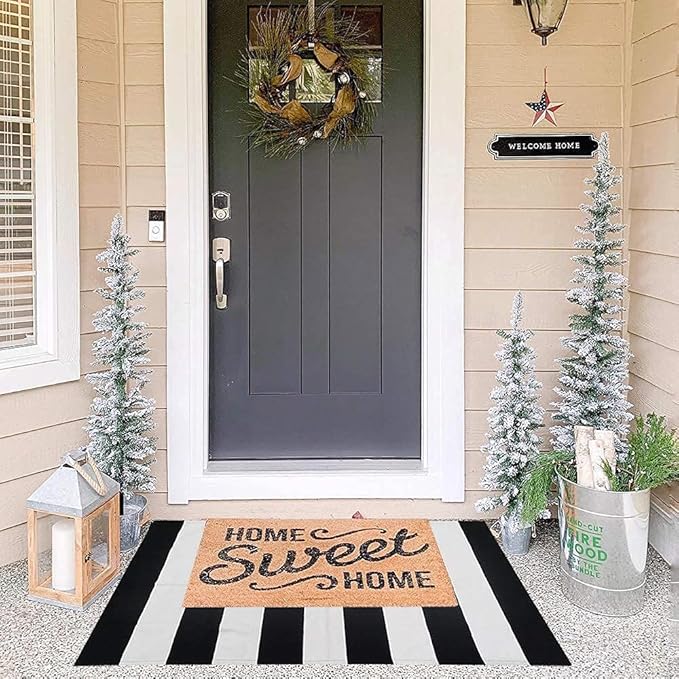 Black and White Striped Outdoor Rug 27.5X 43 inches Front Door Mat Hand-Woven Cotton Indoor/Outdoor for Layered Mats,Welcome Mat, Porch,Farmhouse,Kitchen,Entry Way