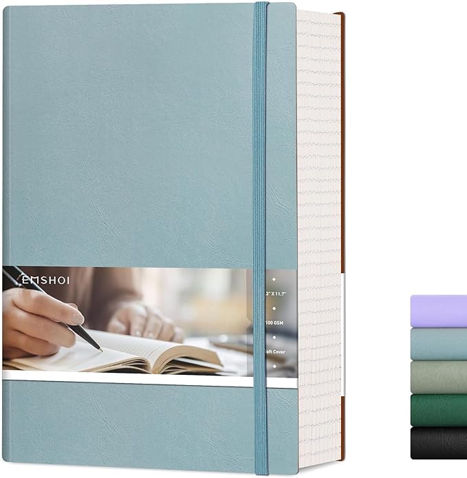 EMSHOI B5 College Ruled Notebook Journal - 400 Pages (200sheets), 7mm Spacing & Vegan Leather Cover for Work, School, Bible Study, Bullet Journaling - with Sticky Notes, Pocket & Pen Holder- GrayBlue