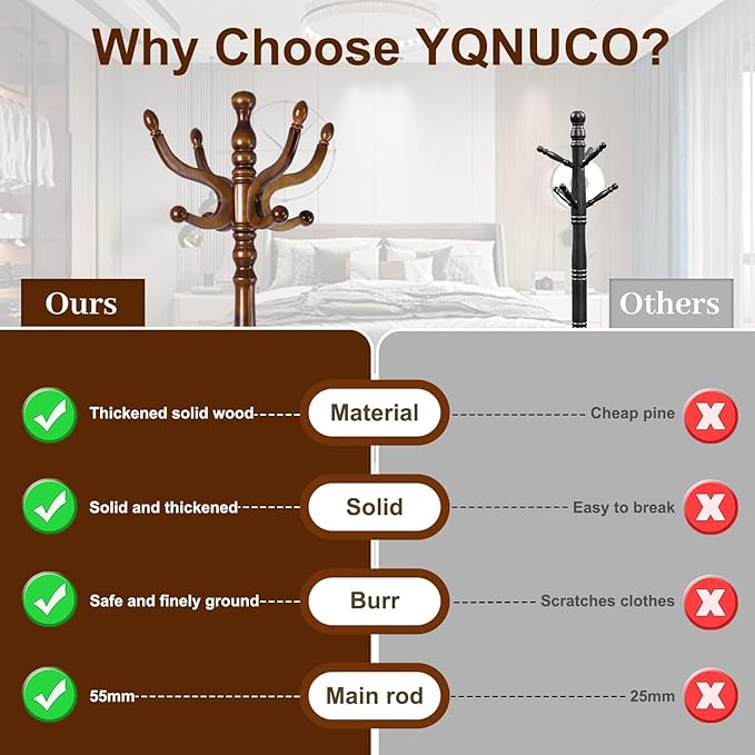 Solid Wood Coat Stand, Freestanding with Stable Base, 70" Birch Coat Tree Organizer for Home, Bedroom, Office, Hallway & Entryway with 11 Hooks