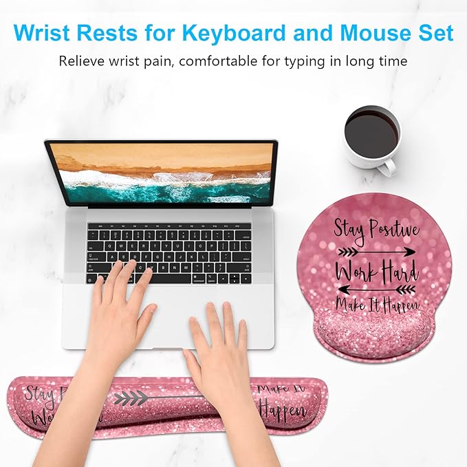 Dapesuom Keyboard Wrist Rest and Mouse Pad with Wrist Support, Cute Memory Foam Cushion for Keyboard and Mouse Set, Ergonomic Desktop Pad Rests with Non Slip Base for Easy Typing & Pain Relief, Quotes
