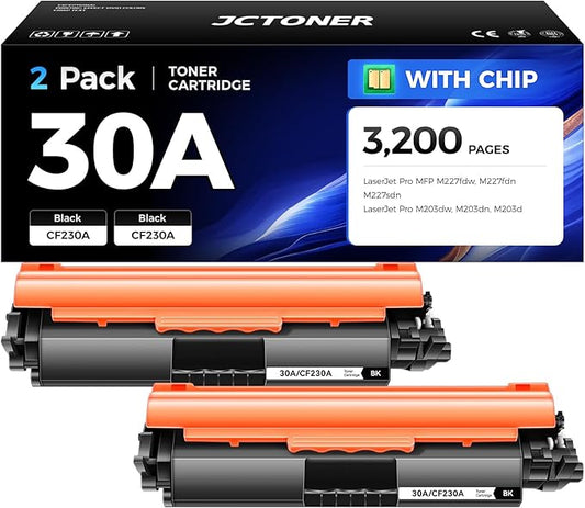 30A Black Toner Cartridge 2-Pack with chip High Yield Replacement for HP 30A CF230A 30X CF230X Compatible for HP LaserJet Pro MFP M227fdw M227fdn M227sdn M203dw M203dn M203d Printer M277 M203 Ink Copy