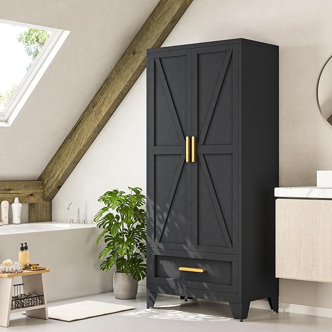 Metal Wardrobe Cabinet,71 Armoire Wardrobe Closet with Drawers and Hanging Rod,Metal Armoire with Adjustable Shelves for Closet,Bedroom,Farmhouse Storage Cabinet with Drawer(Black)