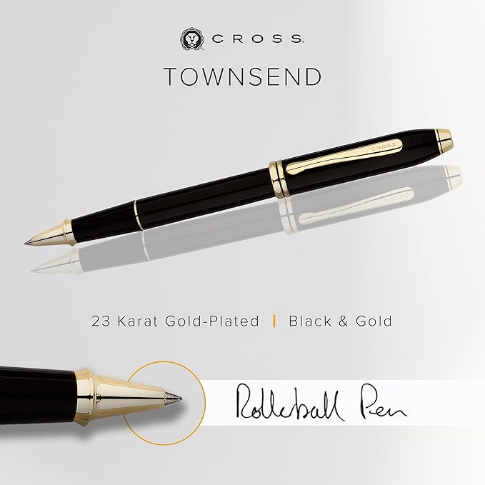 Cross Townsend Refillable Rollerball Pen Presented in a Luxury Gift Box - Medium Point, Black Ink, Black & Gold