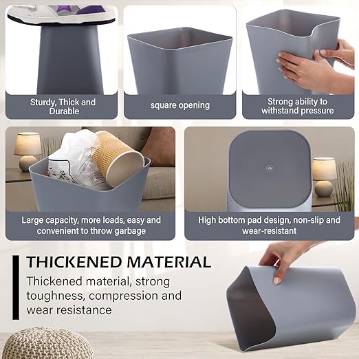 Hoolerry 9 Pieces Garbage Can 2 Gallon Small Trash Cans Bulk Bathroom Trash Bin Plastic Wastebasket Square for Bedroom Slim Bathroom Trashcan Small Container for Kitchen Office Home Rooms(Grey)