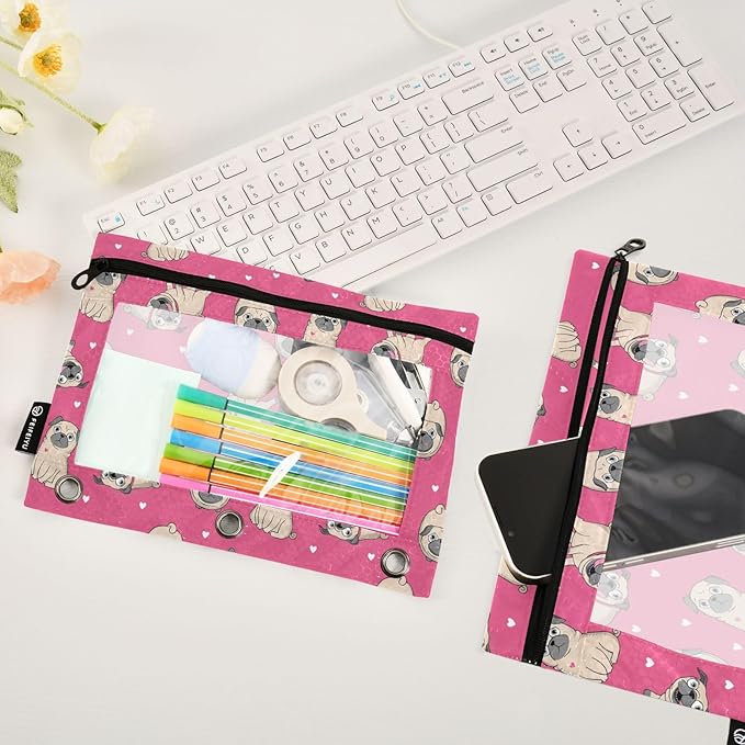 ALAZA Pencil Pouch for 3 Ring Binder, Pug Dog Animal Heart Pink Binder Pencil Pouches with Clear Window Zipper Pencil Case Cosmetic Bags for Office College Supplies, 2PCS