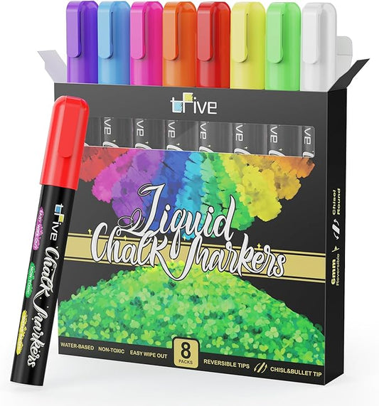 TFIVE Chalk Markers - 8 Color Chalk Pens and 24 Labels - Dry & Wet Erase, Reversible Tip, for Chalkboards, Signs, Windows, Blackboard, Glass, Mirrors, Liquid Chalk