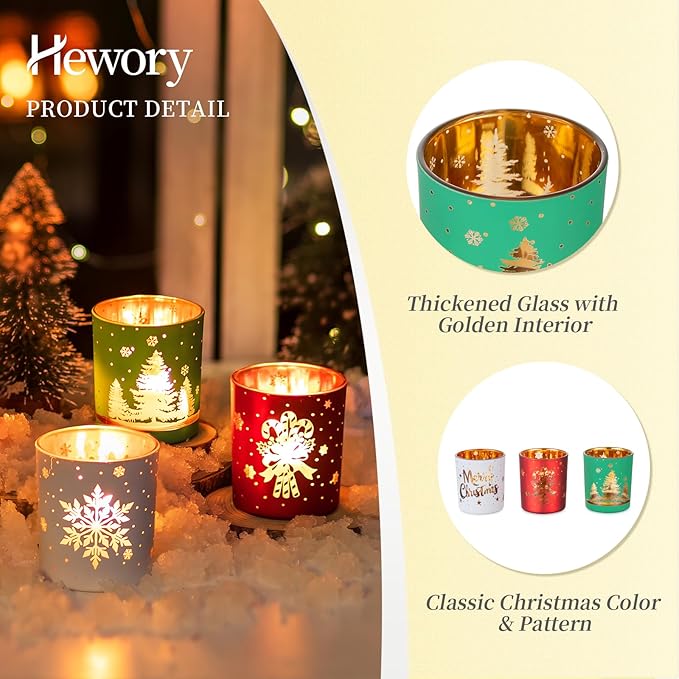 Hewory Christmas Votive Candle Holders: Christmas Tea Light Candle Holder Set of 6, Cylinder Glass Candle Holders Centerpiece Christmas Decorations Indoor Home Decor for Table Fireplace Holiday Party