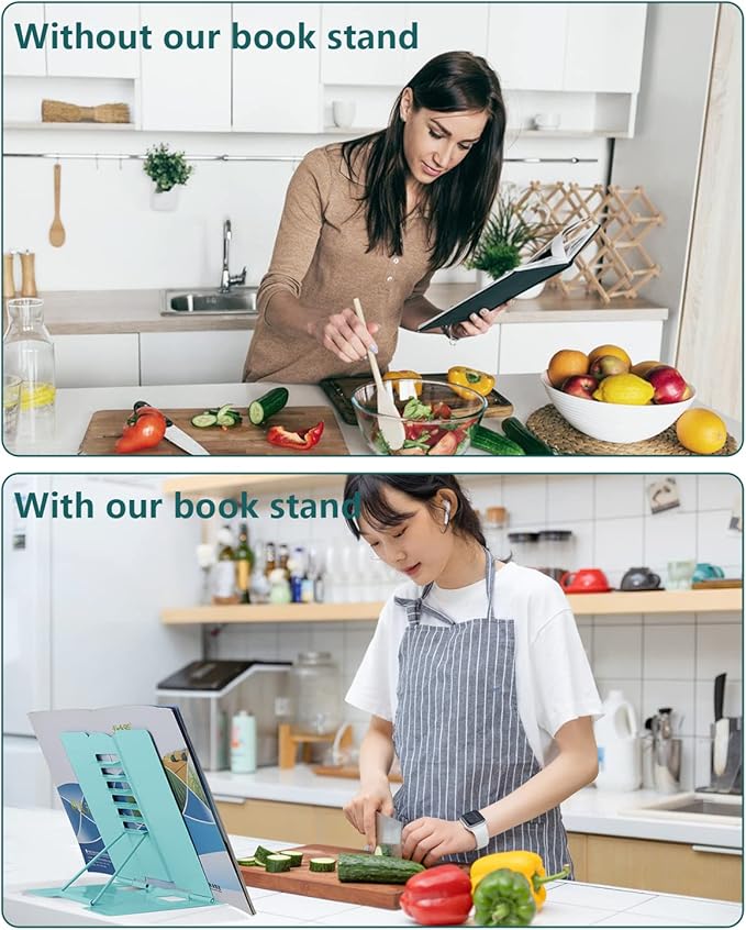 MSDADA Desk Book Stand Metal Reading Rest Book Holder Adjustable Cookbook Documents Holder Portable Sturdy Bookstands for Recipes Textbooks Tablet Music Books with Page Clips (Light Lake Green)