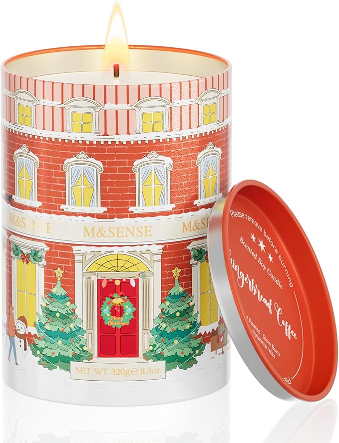 M&SENSE Gingerbread Coffee Christmas Candles, Warm Scented Holiday Candle with Gingerbread Cookie, Chocolate & Coffee Bean, Soy Wax 11.3oz 70 Hour Clean Burn, Cozy Winter Home Decor, Christmas Gifts