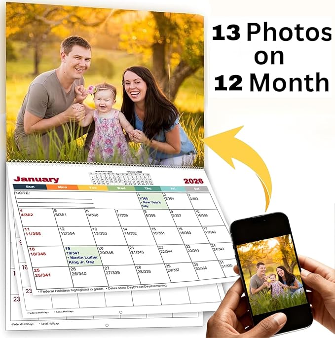 Custom Photo Wall Calendar 2026 - Personalized Family & Office Photo, Print Your 13 Memories Custom - Perfect for Parties, Birthdays & Christmas Gifts (Wall Calendar 11"×17", 50 x Calendars)