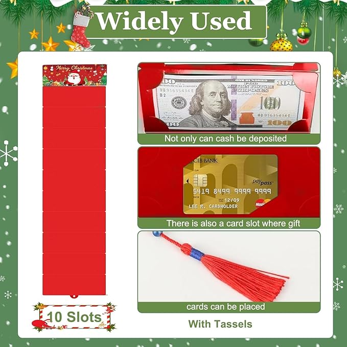 2PCS Christmas Cash Gift Envelopes 10 Slots, Christmas Cash Gift Envelopes with Tassel, 2026 Surprise Money Christmas Gift Card Holder for family friends lovers for Checks Cards Cash(Red+Green)