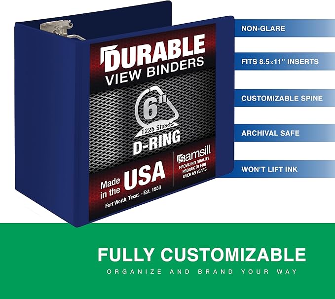 Samsill Durable 6 Inch Binder, Made in The USA, Locking D Ring Binder, Customizable Clear View Cover, Dark Blue, Holds 1225 Pages