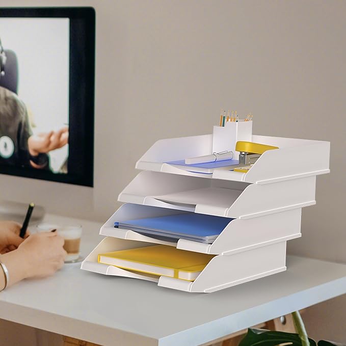 4 Pack Stackable Paper Trays for Letter Documents, Desktop File Organizers for Office Supplies, Stackable Desk Tray Holder for Paper Storage, White