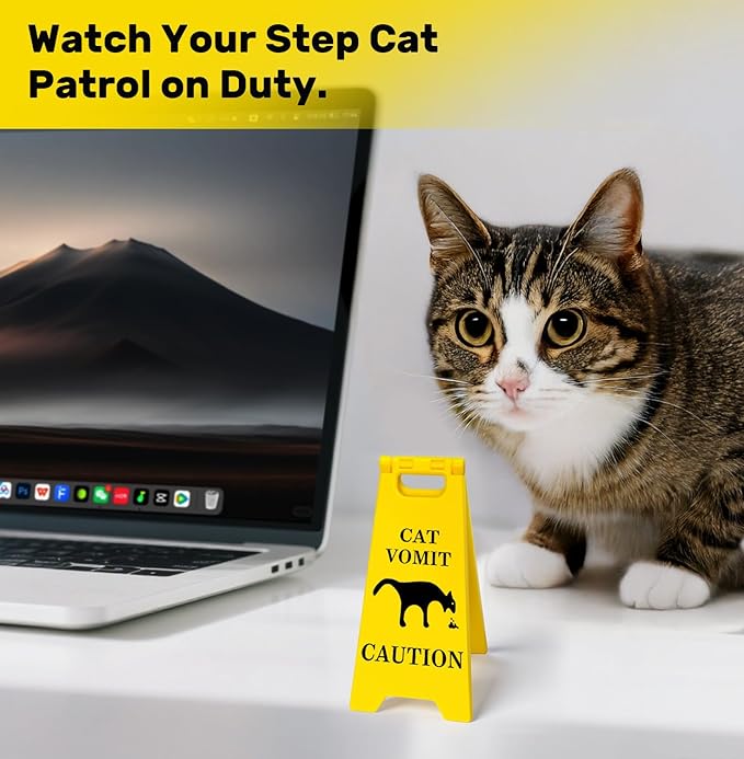 Funny Mini Cat Vomit Caution Sign– Funny Office Desk Decor or Home, Cat Puke Warning Sign, Gag Gift for Cat Lovers, Cat Mom & Cat Dad Gifts, Cute Cubicle Accessory, Cat Lover Home Decor