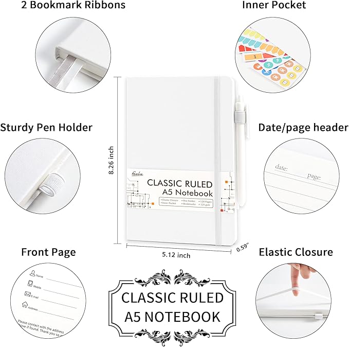 feela 3 Pack Notebooks Journals Bulk, Hardcover Notebook Classic Ruled Lined Journals with Pen Holder for Women Girls School Business Supplies, with 3 Black Pens, 120 GSM, 5.1”x8.3”, A5, White