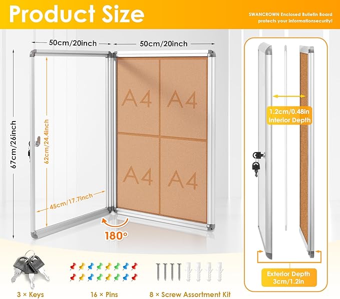 SWANCROWN Enclosed Bulletin Board Tamper-Proof Cork Noticeboard Secure Information Board with Acrylic Door 26x20inch (4xA4)