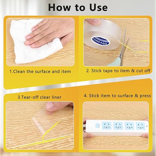 Heavy Duty Double Sided Nano Tape,4Roll,0.6inx9.84FT - Waterproof, Strong Adhesion, Clear, High Strength, No Residue Removability for Hanging, Wall Mounting, Home Decor, Adhesive for Shower