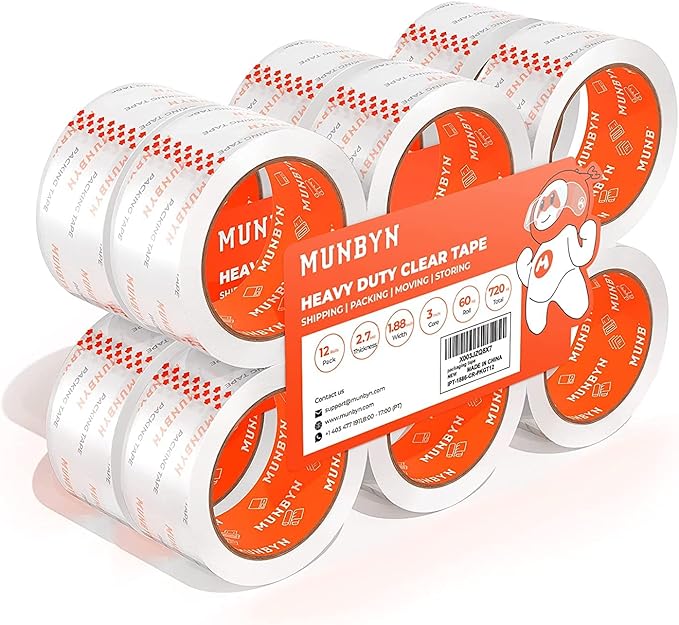 MUNBYN Packing Tape, Heavy Duty Shipping Tape with Total 720 Yards, 2.7mil, 1.88" *60 Yard(Per Rolls) Great for Shipping Packing Moving Mailing Office Storage, Clear Tape Refill for Dispenser