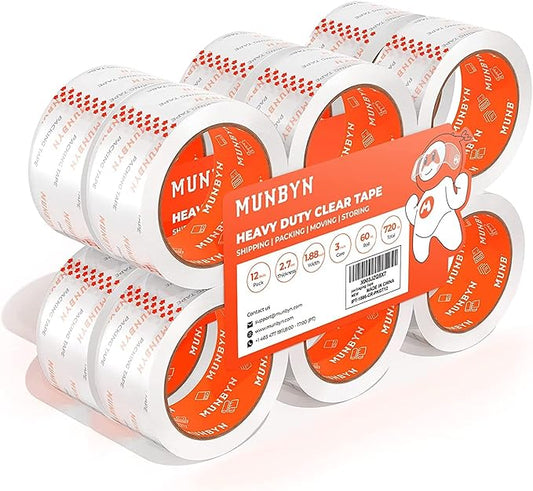 MUNBYN Packing Tape, Heavy Duty Shipping Tape with Total 720 Yards, 2.7mil, 1.88" *60 Yard(Per Rolls) Great for Shipping Packing Moving Mailing Office Storage, Clear Tape Refill for Dispenser