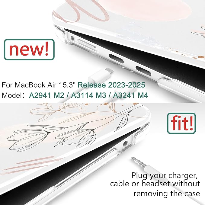 DONGKE Compatible with M4 MacBook Air 15 inch Case 2025 2024 2023 A3241 A3114 A2941 M3 M2 Liquid Retina Display Touch ID, Plastic Hard Case & Keyboard Skin & Screen Protector - Abstract Flowers