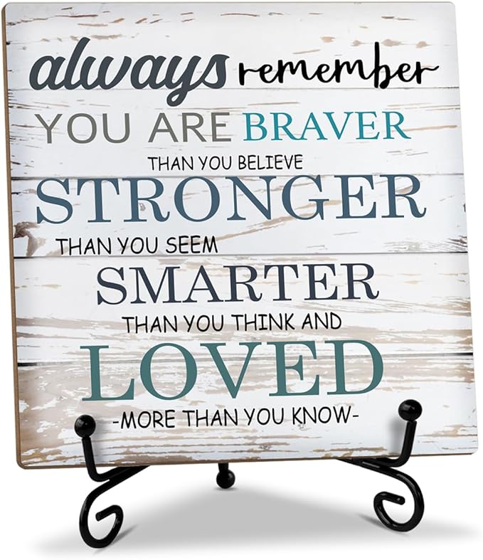 Inspirational Gift for Women Men Wood Sign with Stand - Always Remember You are Braver Than You Think, Motivational Gifts for Women Men Home Office Table Centerpiece Positive Decor Desk Plaque 39